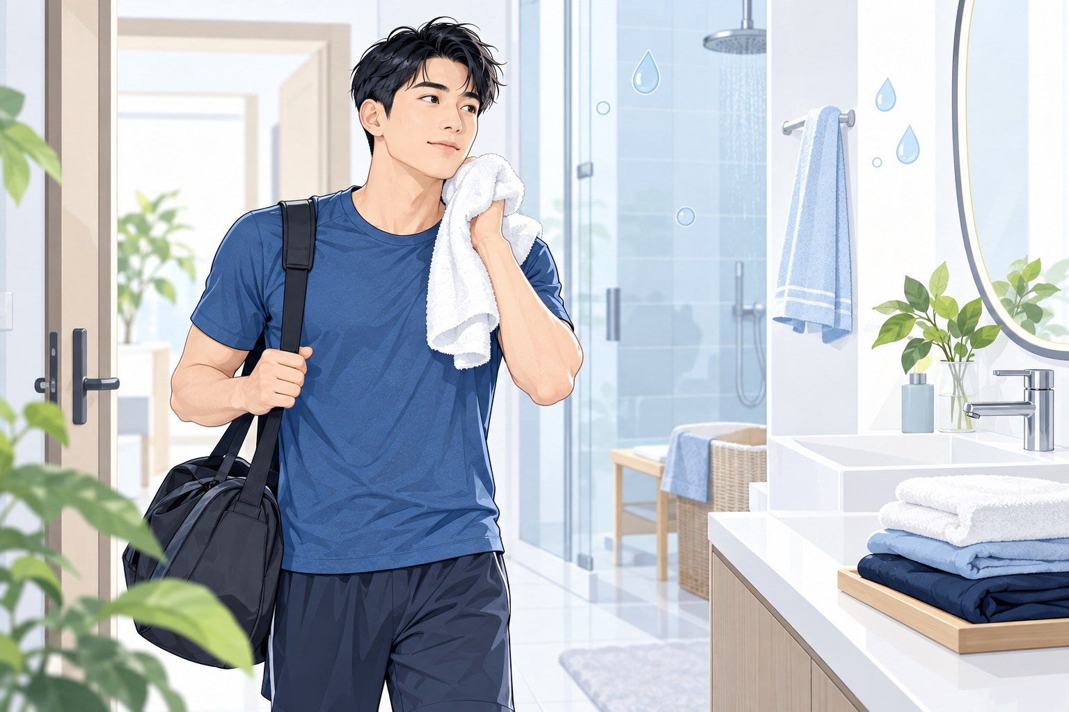 男子運動返家後準備日常清潔的情境